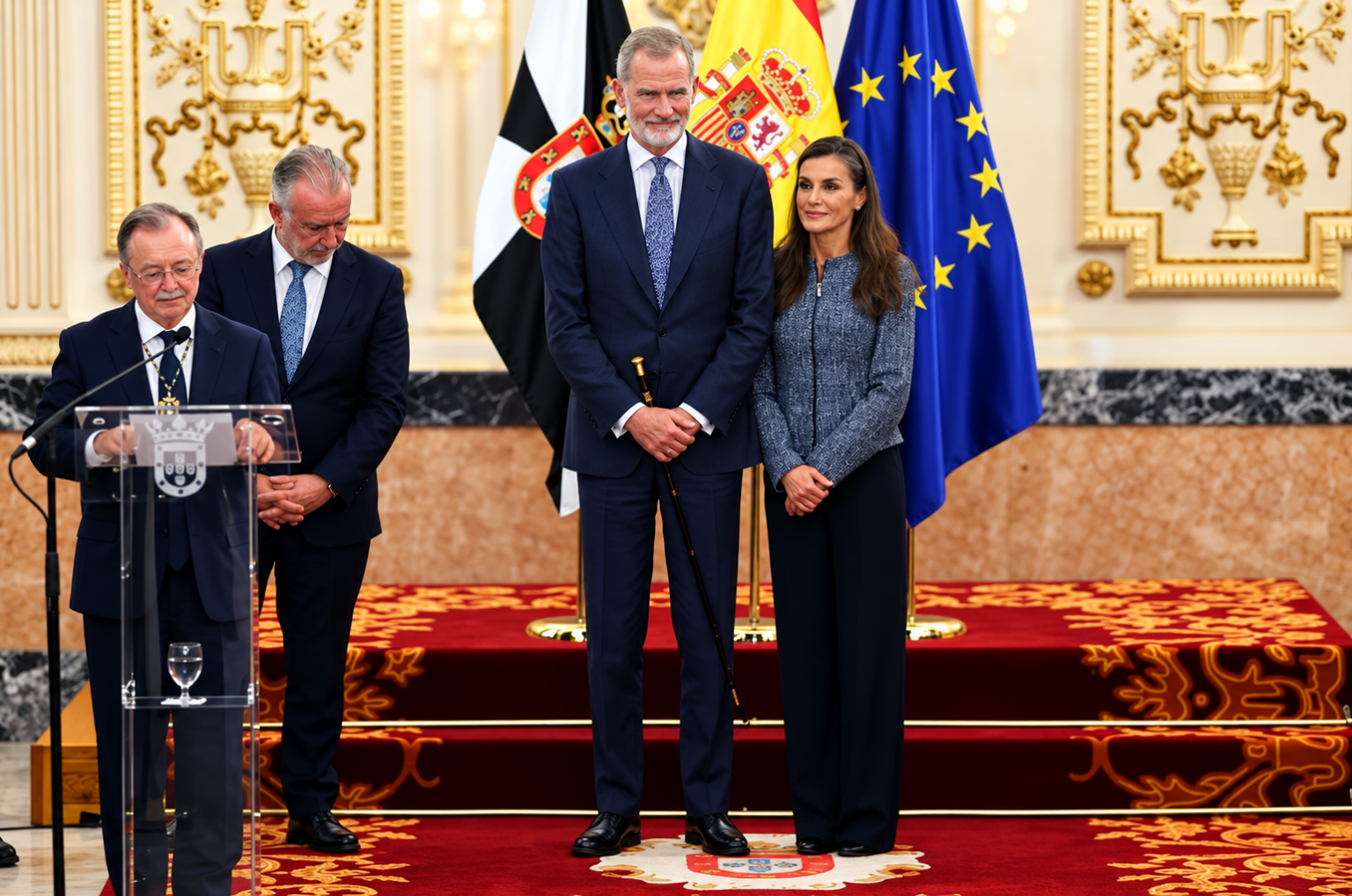 El rey Felipe VI de España y la reina Letizia posando juntos en un acto oficial, vestidos de gala y sonriendo a la cámara