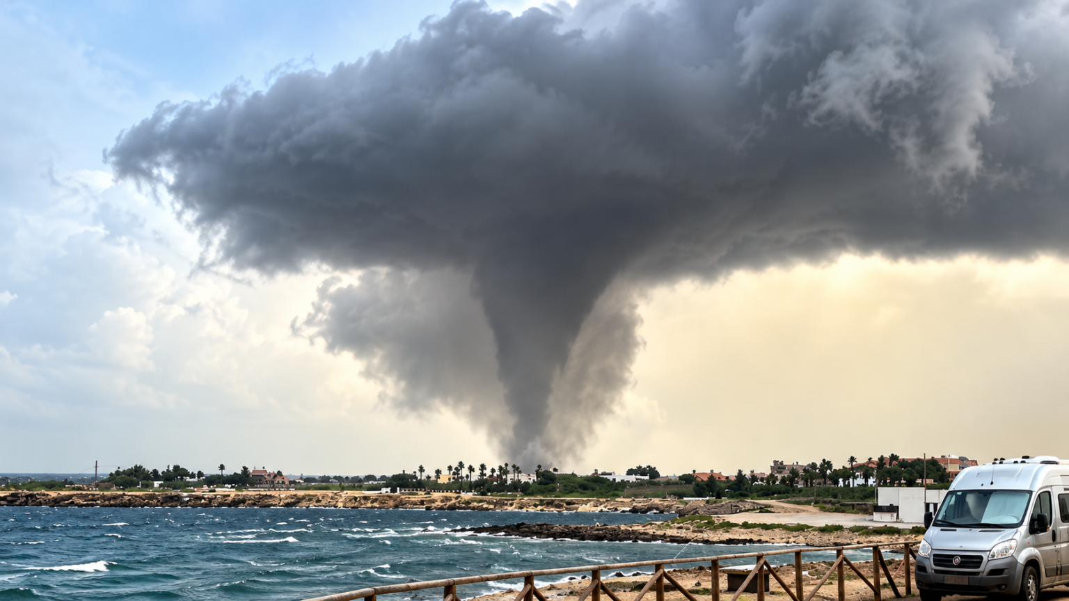 Tornado sobre la costa tormentosa en Marsala, Sicilia, Italia.
